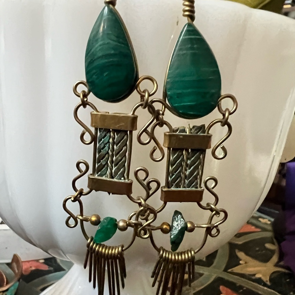Green serpentine artisan Mexican earrings